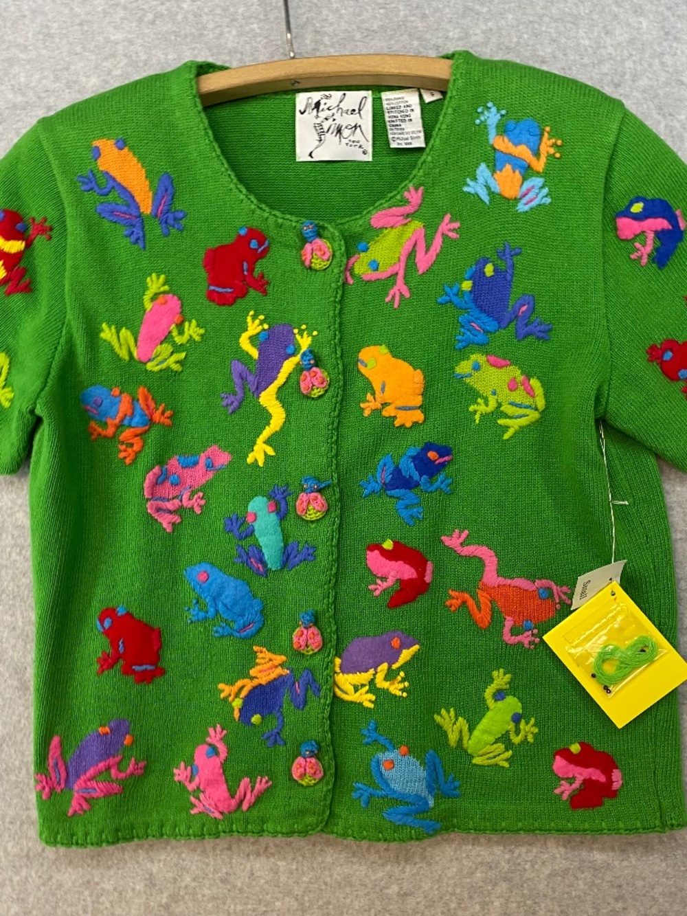NEW! Vintage Michael Simon Cardigan S • Frogs Embroidered  • 1998 • Art To Wear